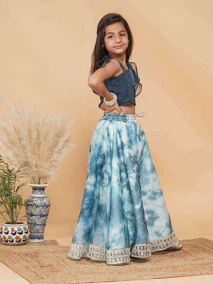 Teal Organza Crop top & Shibori Skirt set