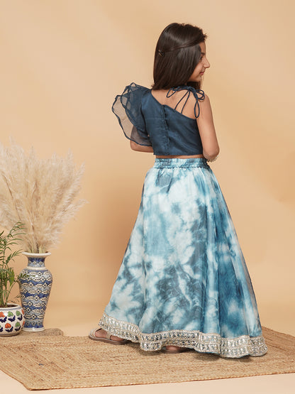 Teal Organza Crop top & Shibori Skirt set