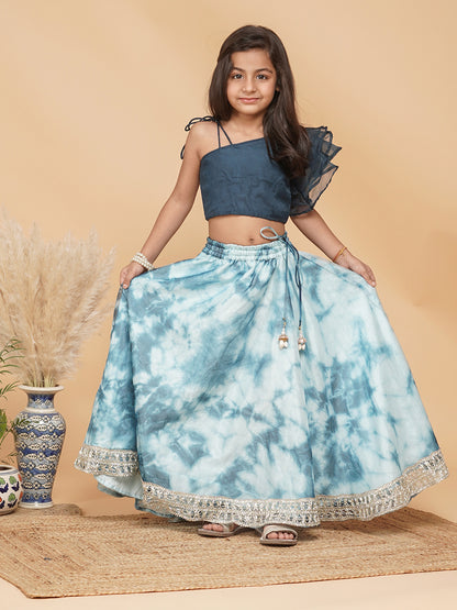 Teal Organza Crop top & Shibori Skirt set