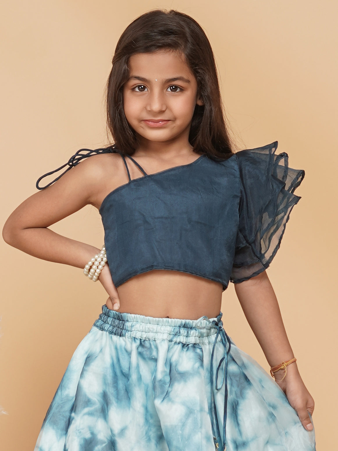 Teal Organza Crop top & Shibori Skirt set