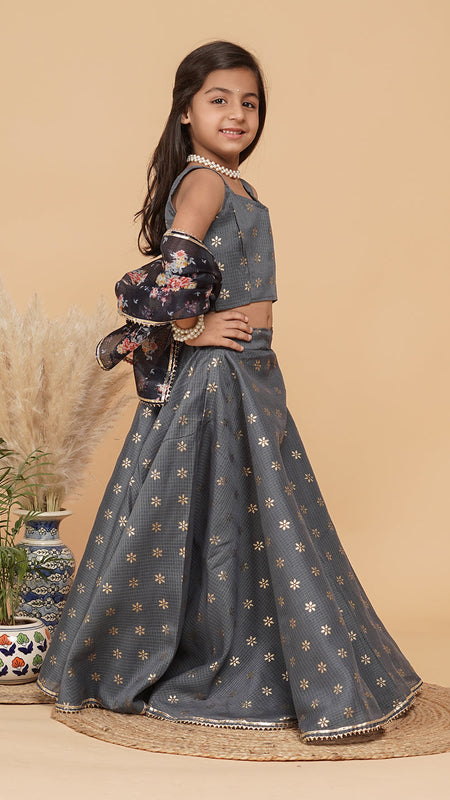 Grey Gold Foil Print Kota doriya Lehenga set