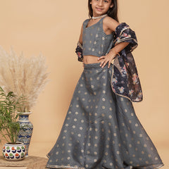 Grey Gold Foil Print Kota doriya Lehenga set