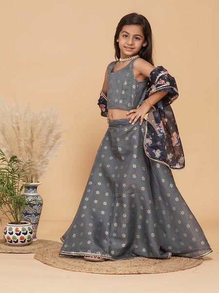 Grey Gold Foil Print Kota doriya Lehenga set