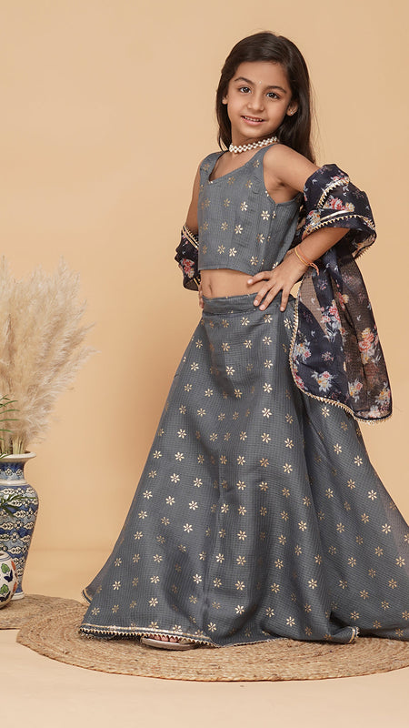 Grey Gold Foil Print Kota doriya Lehenga set