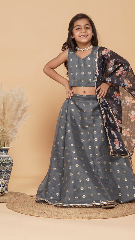 Grey Gold Foil Print Kota doriya Lehenga set