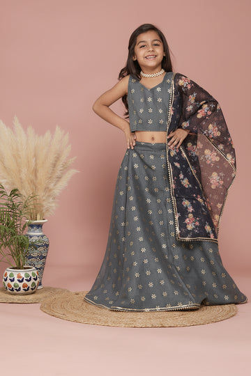 Grey Gold Foil Print Kota doriya Lehenga set