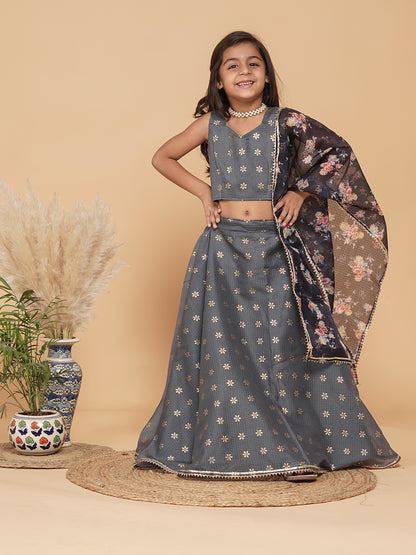 Grey Gold Foil Print Kota doriya Lehenga set