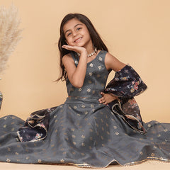 Grey Gold Foil Print Kota doriya Lehenga set