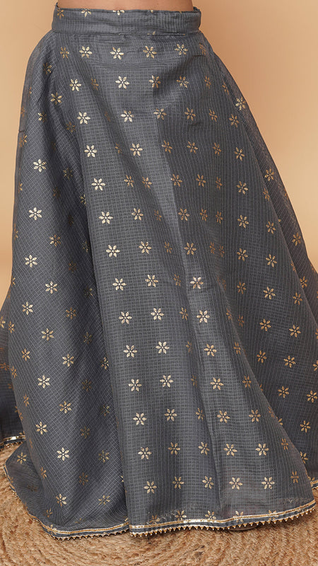 Grey Gold Foil Print Kota doriya Lehenga set
