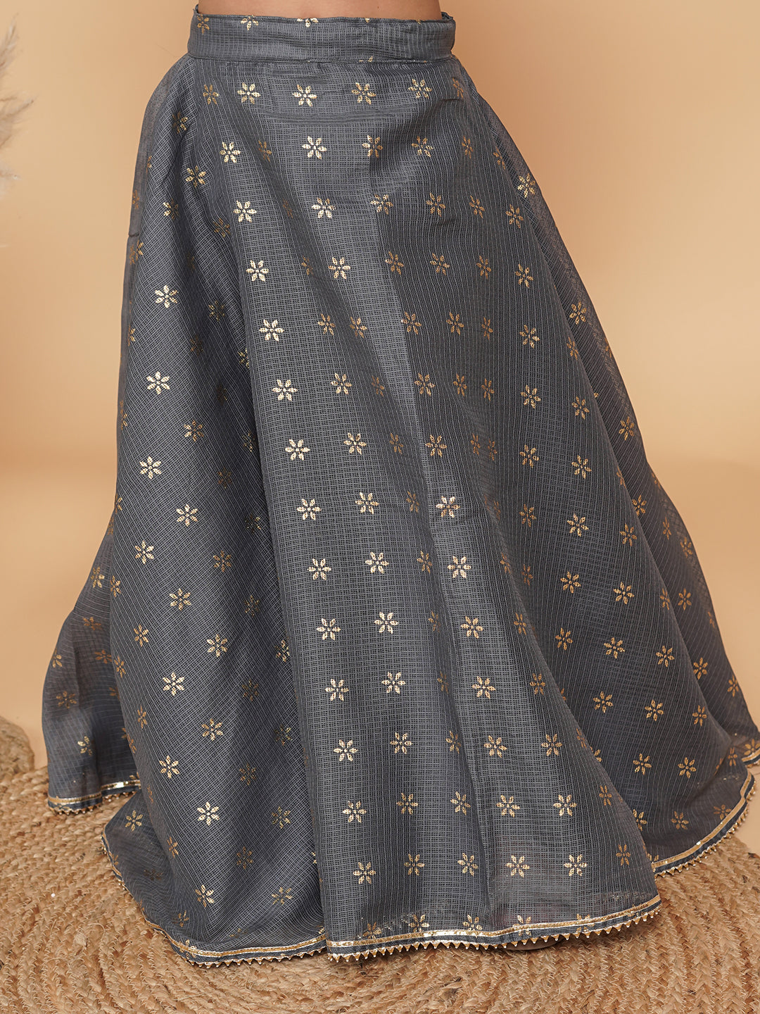 Grey Gold Foil Print Kota doriya Lehenga set