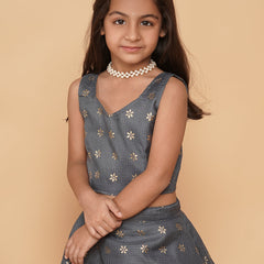 Grey Gold Foil Print Kota doriya Lehenga set