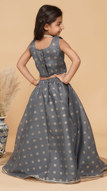 Grey Gold Foil Print Kota doriya Lehenga set