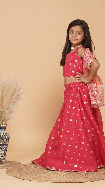 Pink Gold Foil Print Kota doriya Lehenga set