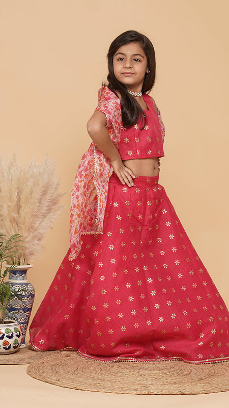 Pink Gold Foil Print Kota doriya Lehenga set