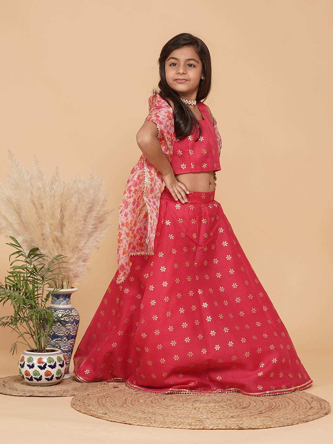 Pink Gold Foil Print Kota doriya Lehenga set