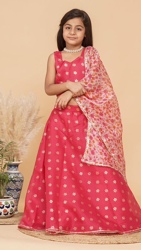 Pink Gold Foil Print Kota doriya Lehenga set