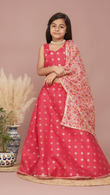 Pink Gold Foil Print Kota doriya Lehenga set