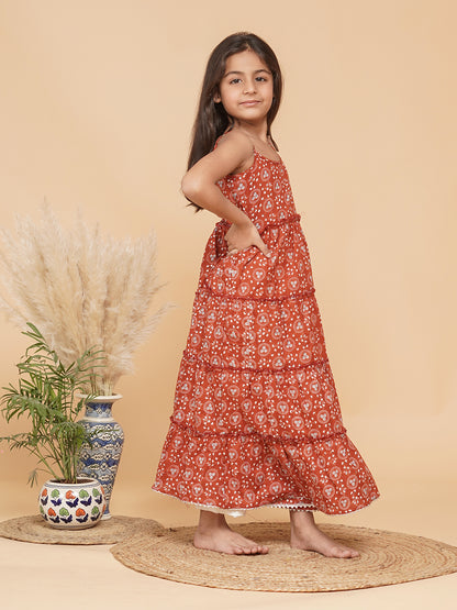 Cotton Brick color Tiered Dress