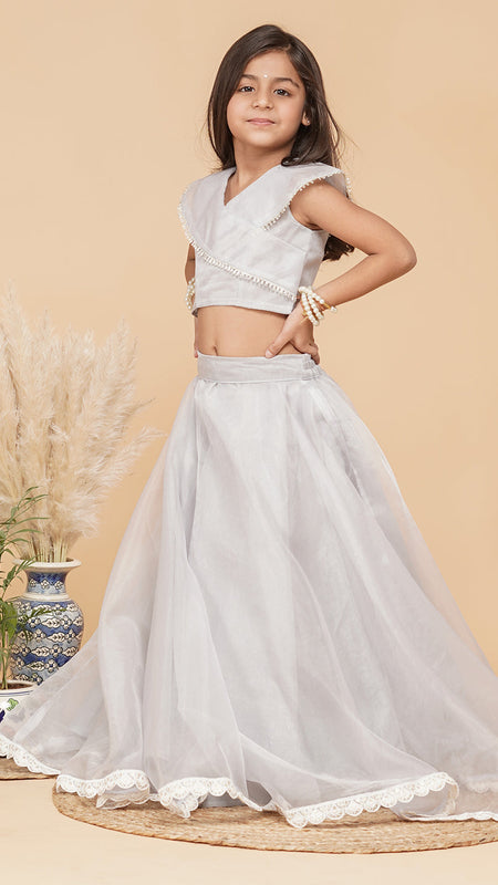 Grey Organza Crop top Skirt set