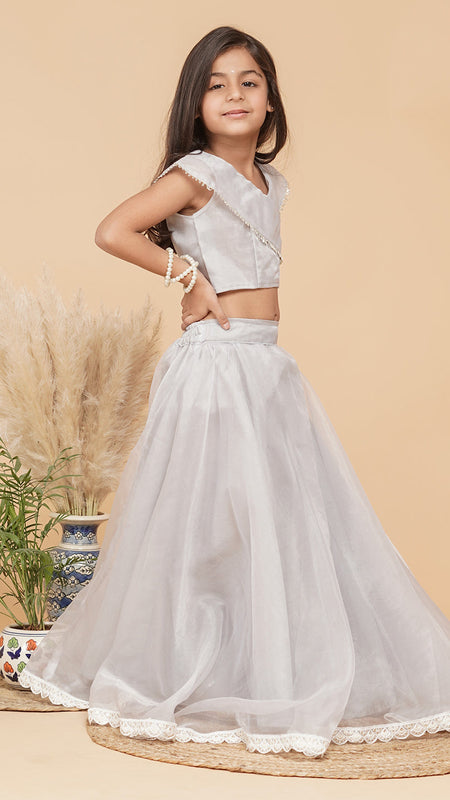 Grey Organza Crop top Skirt set
