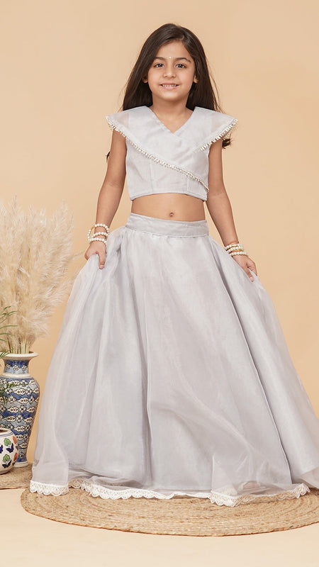 Grey Organza Crop top Skirt set