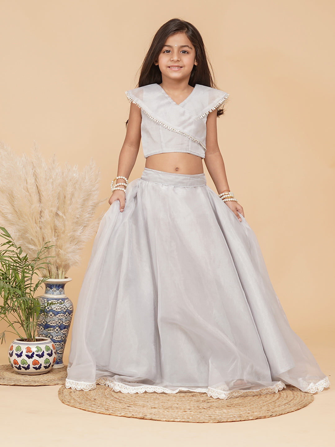 Grey Organza Crop top Skirt set