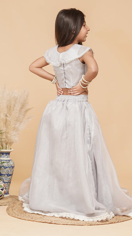 Grey Organza Crop top Skirt set