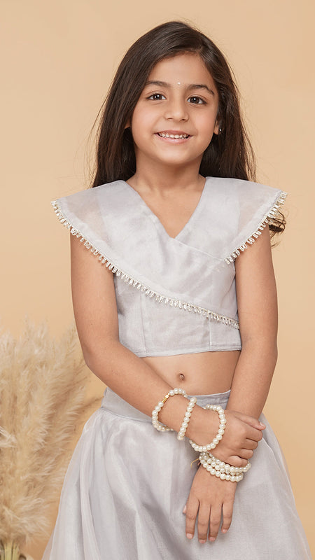 Grey Organza Crop top Skirt set