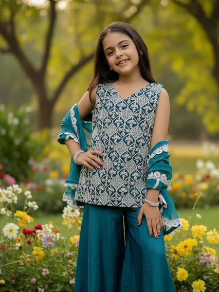 Rama Green Embroidered Design Kurta Palazzo Dupatta Set