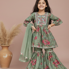 Green Cotton Kurta Garara Dupatta Set