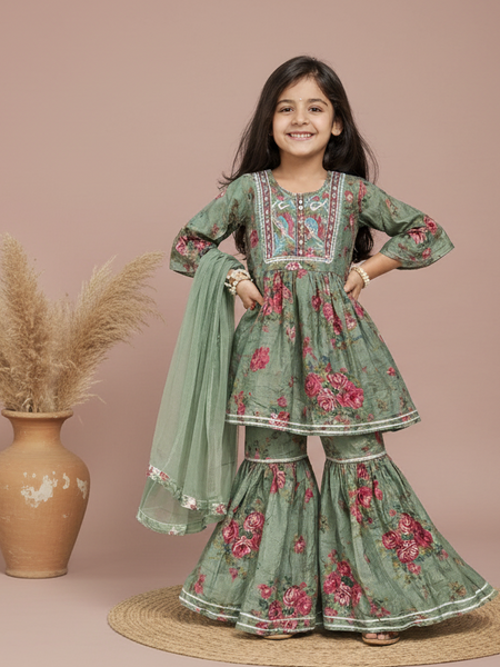 Green Cotton Kurta Garara Dupatta Set
