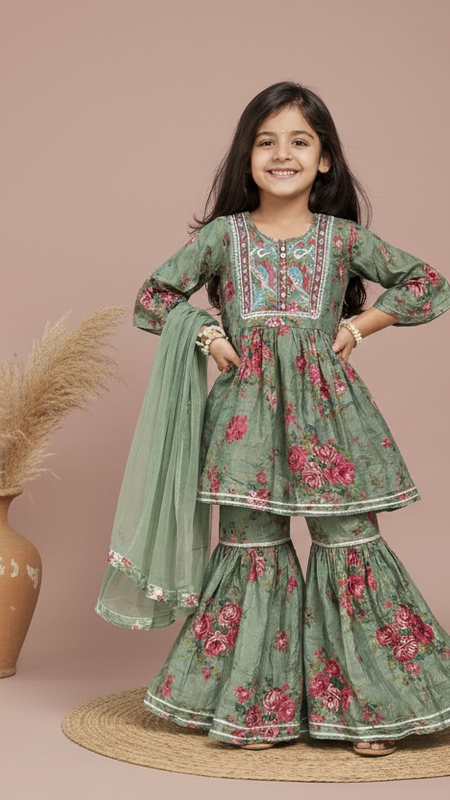 Green Cotton Kurta Garara Dupatta Set