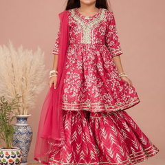 Pink Cotton Kurta Garara Dupatta Set