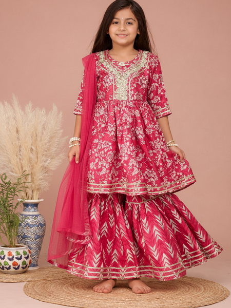 Pink Cotton Kurta Garara Dupatta Set