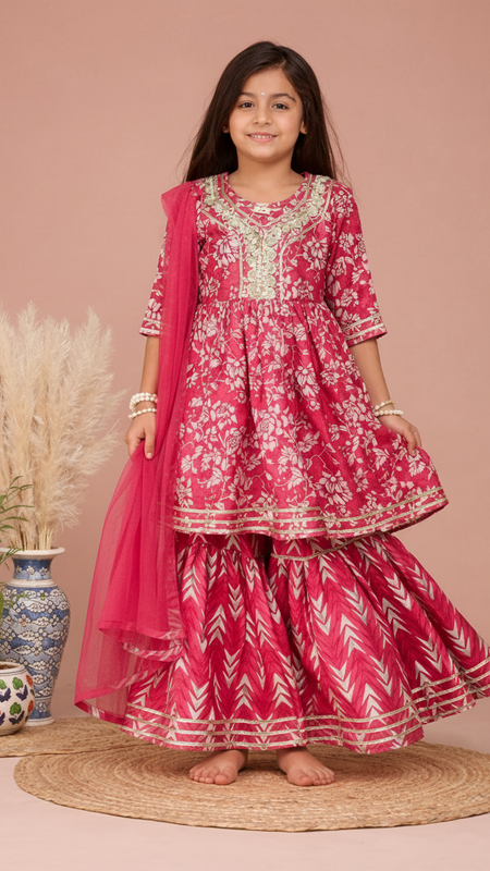 Pink Cotton Kurta Garara Dupatta Set