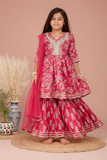 Pink Cotton Kurta Garara Dupatta Set