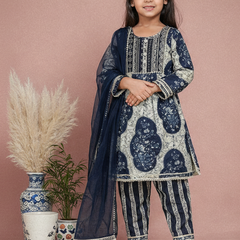 Blue Cotton Kurta Pants Dupatta Set