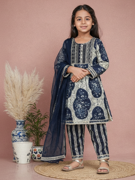 Blue Cotton Kurta Pants Dupatta Set