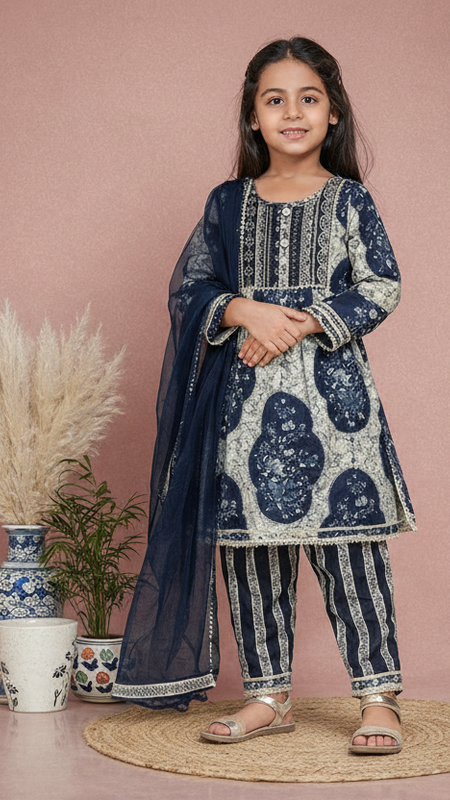Blue Cotton Kurta Pants Dupatta Set