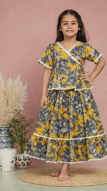 Yellow Grey Floral Print Coord set
