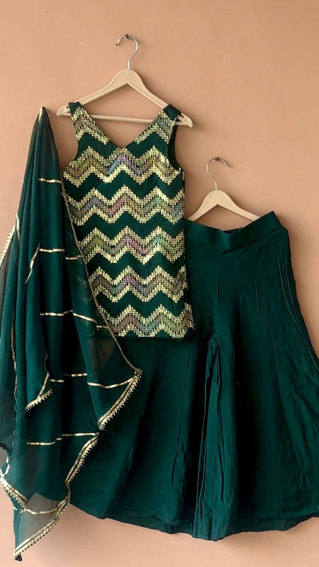 Green Multicolor Gota Design Kurta Palazzo Dupatta Set