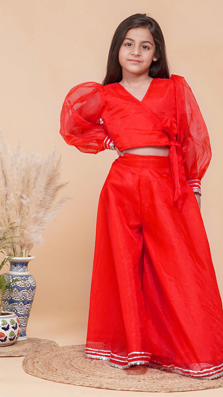 Red Organza Crop top Pallazos set