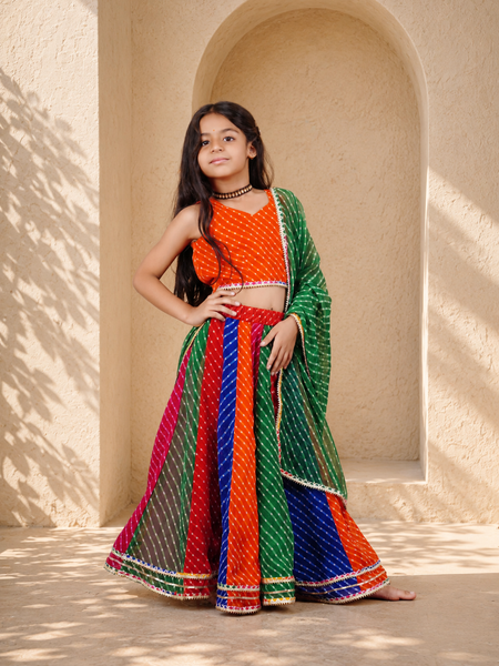 Orange Pachrangi Leheriya Lehenga Set