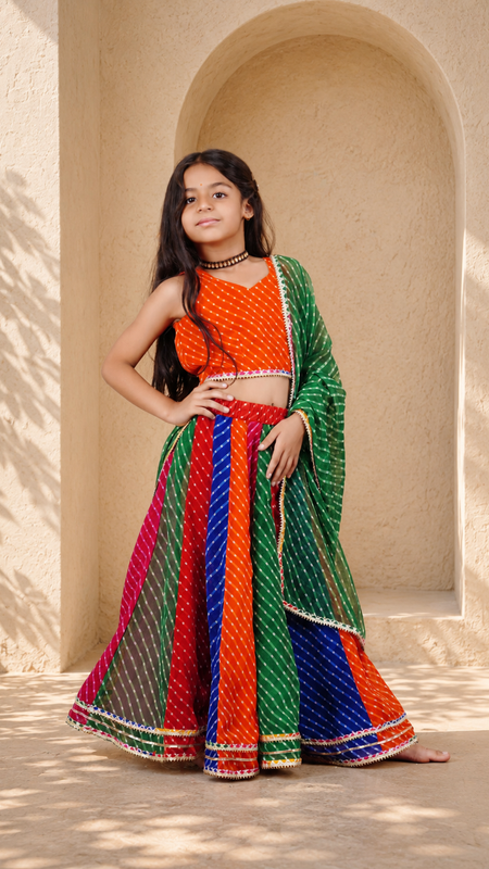 Orange Pachrangi Leheriya Lehenga Set