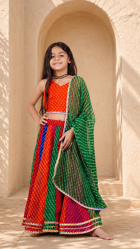 Pachrangi Leheriya Lehenga Set