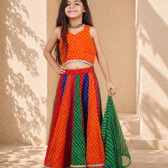 Orange Pachrangi Leheriya Lehenga Set