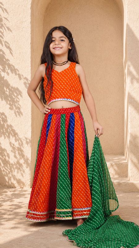 Orange Pachrangi Leheriya Lehenga Set