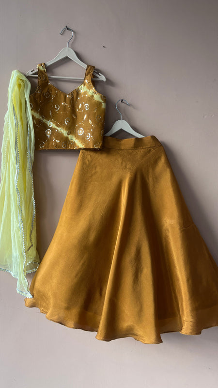 Mustard Upada Silk Tye and Dye Lehenga set