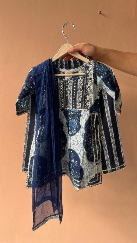 Blue Cotton Kurta Pants Dupatta Set