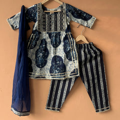 Blue Cotton Kurta Pants Dupatta Set